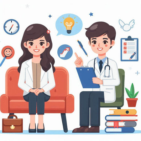 Male and female doctor sitting on sofa in medical office. Man and woman characters.のイラスト素材