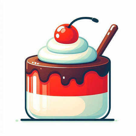 Cake with whipped cream and cherry on a white background. Vector illustrationのイラスト素材