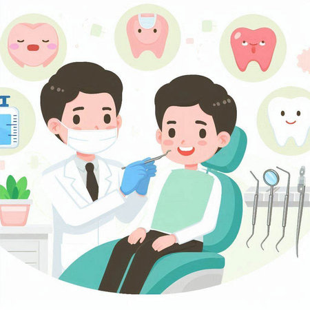 Male dentist and patient in the dentists office, health care conceptのイラスト素材