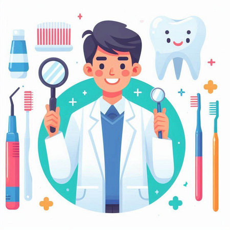 Dentist cartoon character with stomatology tools. Vector illustrationのイラスト素材