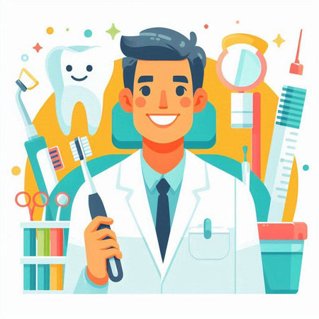 Dentist with a toothbrush and tools. Vector illustration in flat styleのイラスト素材