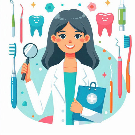 Dentist woman with dental tools. Vector illustration in cartoon style.のイラスト素材