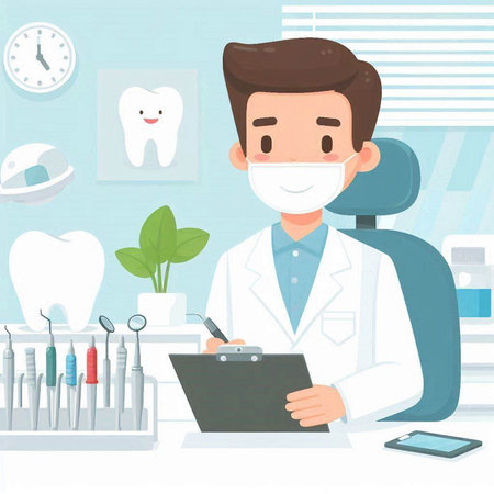 Dentist and patient in the dental office. Vector illustration.のイラスト素材