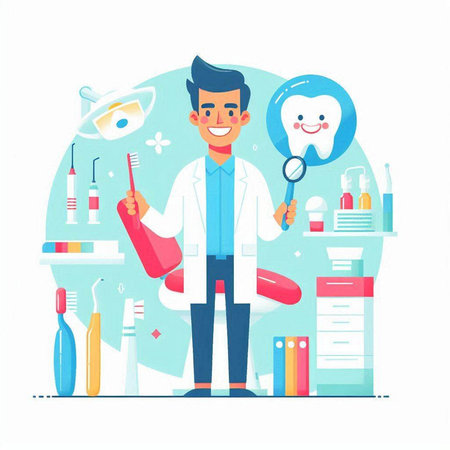 Dentist or orthodontist flat vector illustration. Dentist with stomatology tools and instruments. Dentistry concept.のイラスト素材