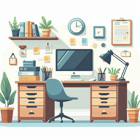 Office interior. Workplace in flat style. Workplace with computer, bookshelf, table and chair. Vector illustrationのイラスト素材
