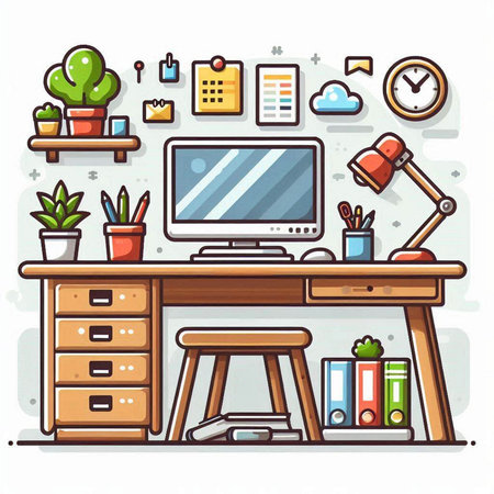 Vector illustration of modern workplace with computer, books, office supplies and objects.のイラスト素材