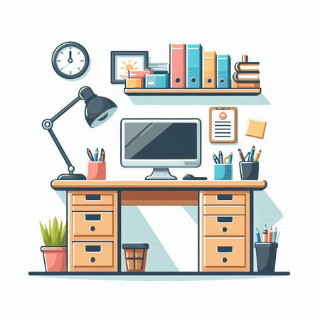 Office desk with computer, bookshelf and stationery. Vector illustration.のイラスト素材