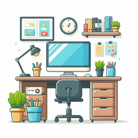 Office workplace with computer, books, stationery and plants. Vector illustration.のイラスト素材
