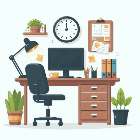 Office workplace in flat style. Workplace with computer, chair, coffee cup, books, stationery and other objects. Vector illustrationのイラスト素材