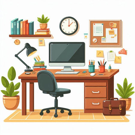 Office workplace with computer and stationery. Workplace. Vector illustrationのイラスト素材