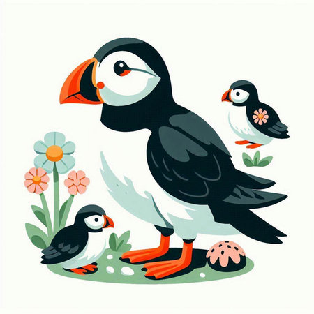 Puffin, chicks and flowers. Vector illustration in cartoon style.のイラスト素材
