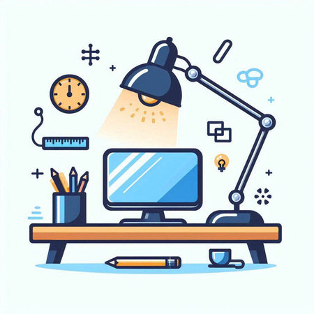 Workplace with computer, table lamp, pencils and coffee cup. Vector illustration.のイラスト素材