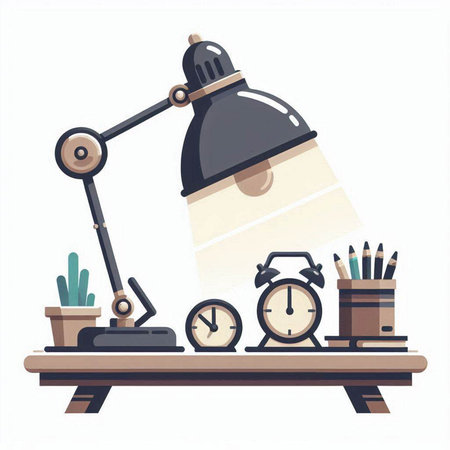 Desk lamp and alarm clock. Vector illustration in a flat style.のイラスト素材