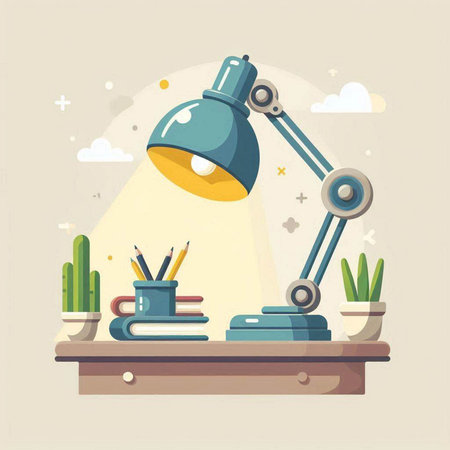 Illustration of a desk lamp with books, pencils and a cactusのイラスト素材