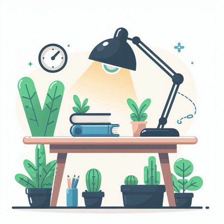 Flat design vector illustration concept of home office workplace. Workplace with desk lamp, books, cactus and clock.のイラスト素材