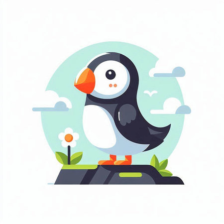 Cute penguin standing on the rock. Vector illustration in flat styleのイラスト素材