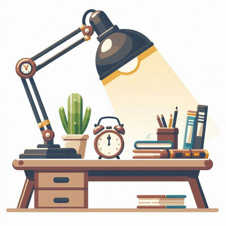 Office desk with lamp, books and cactus. Vector illustration.のイラスト素材