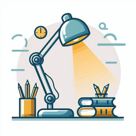 Office workplace. Table lamp, books, pencils, stationery. Vector illustrationのイラスト素材