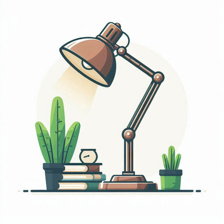 Illustration of a desk lamp with books and potted plants.のイラスト素材