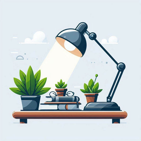 Flat design modern vector illustration concept of home office with desk lamp, books, plant pots and other objects.のイラスト素材