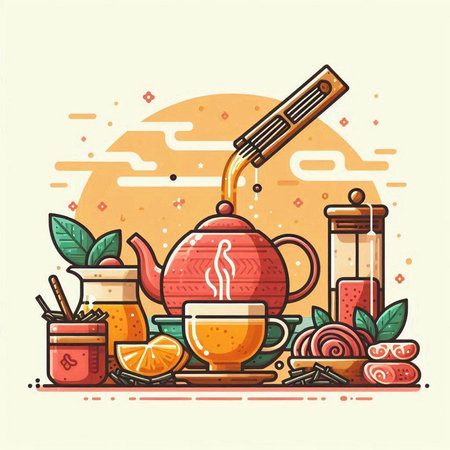 Chinese tea ceremony flat vector illustration. Traditional oriental teapot, chopsticks, cup of tea, ginger, ginger, lemon.のイラスト素材