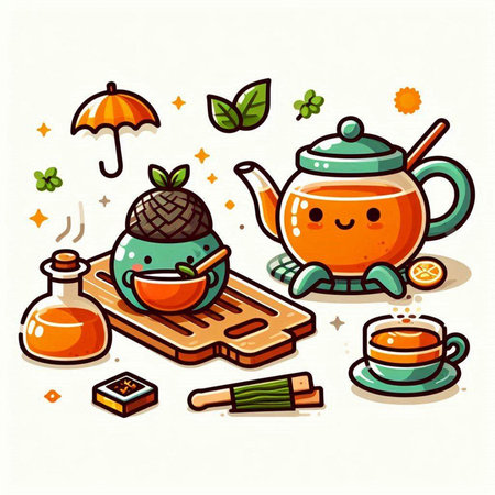 Cute tea set in cartoon style. Vector illustration for your designのイラスト素材