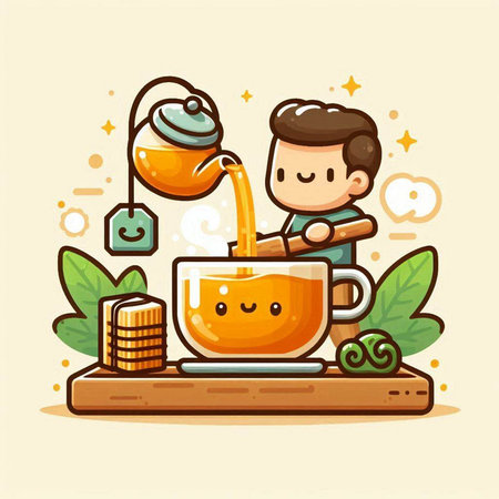 Coffee time concept with cartoon character. Vector flat style illustration.のイラスト素材