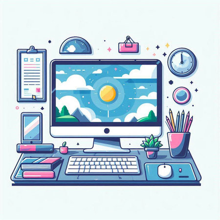 Workplace with computer and stationery. Vector illustration in flat styleのイラスト素材
