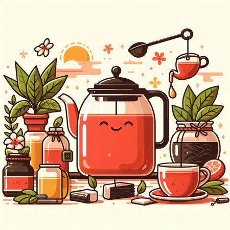 Tea time concept. Vector illustration of cute cartoon teapot.のイラスト素材