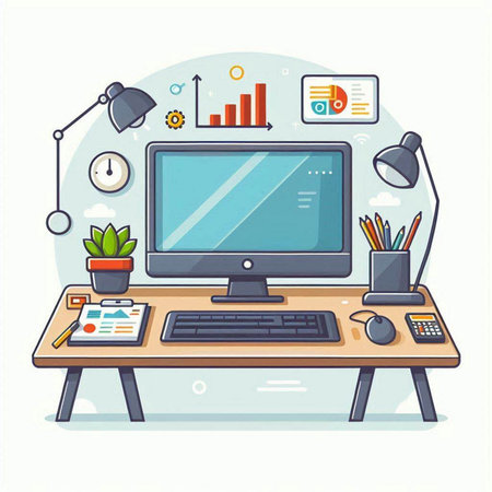 Office workplace with computer. Vector illustration in flat cartoon style. Workplace with computerのイラスト素材