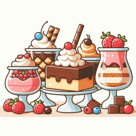 Cartoon illustration of a set of different types of cakes and dessertsのイラスト素材