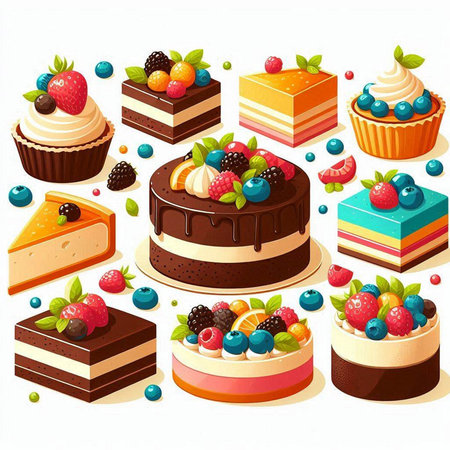 Set of different types of cakes. Vector illustration isolated on white background.のイラスト素材
