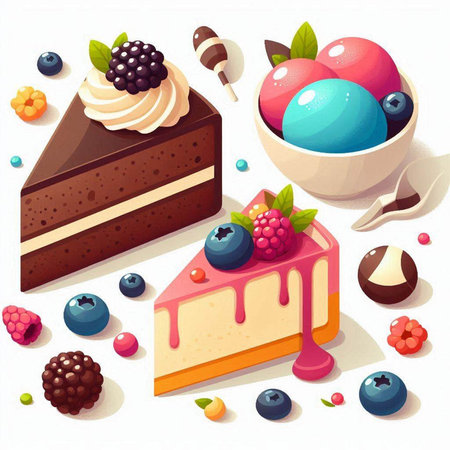 Vector illustration of a piece of cake with ice cream, berries and chocolate.のイラスト素材