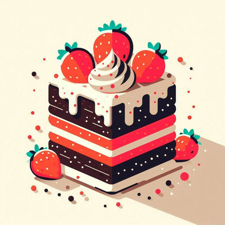 Vector illustration of a piece of cake with cream and strawberries on a light backgroundのイラスト素材