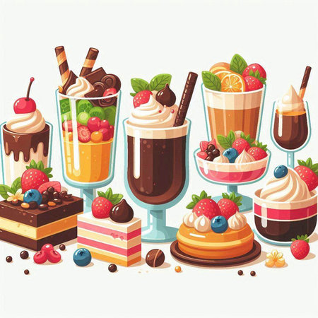 Vector illustration of a set of different types of coffee with whipped cream, chocolate and fruit.のイラスト素材