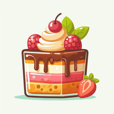 Cake with whipped cream, strawberries and cherries. Vector illustration.のイラスト素材
