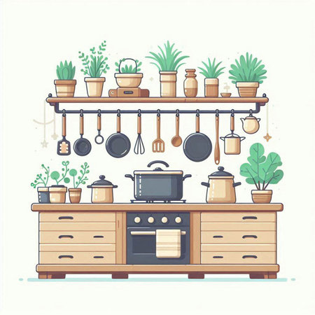 Kitchen interior design. Furniture in flat style. Vector illustration.のイラスト素材
