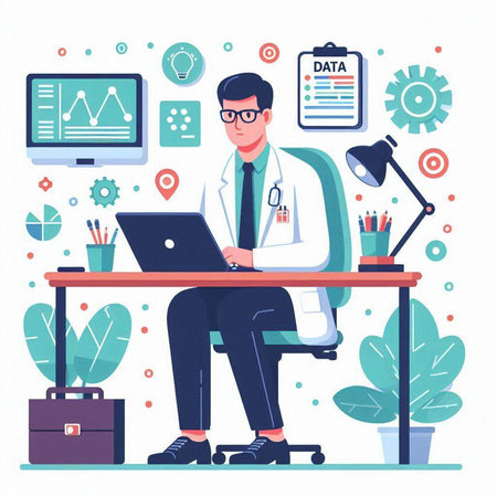 Doctor sitting at desk with laptop. Medicine and healthcare concept. Vector illustration in flat styleのイラスト素材