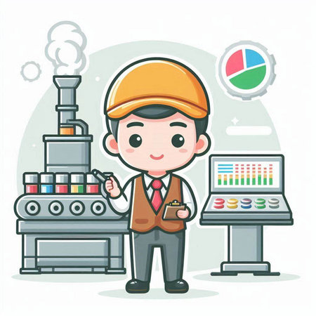 Engineer working on factory machine cartoon character design. Vector illustration.のイラスト素材