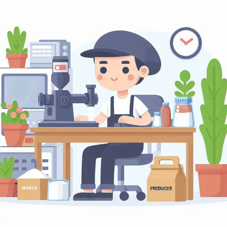 Coffee shop worker at work. Vector flat cartoon illustration.のイラスト素材