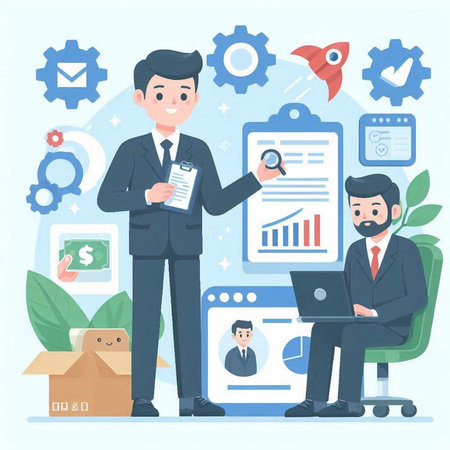 Businessman in suit working at office. Flat design vector illustration.のイラスト素材