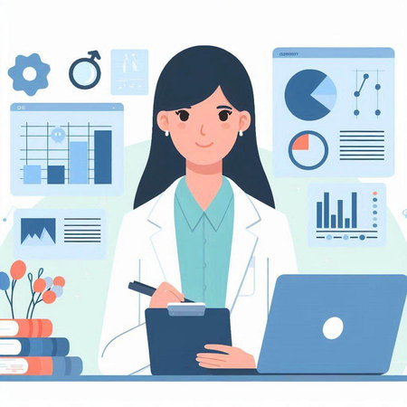 Female doctor working on laptop in office. Vector illustration in flat styleのイラスト素材