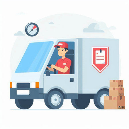 Delivery man in uniform driving a truck. Vector illustration in flat styleのイラスト素材
