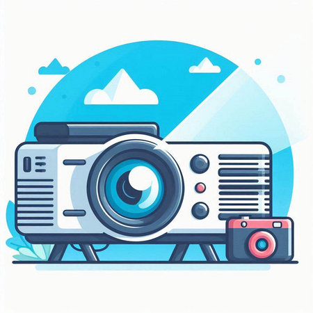 Vector illustration of modern digital camera in flat design style with blue backgroundのイラスト素材