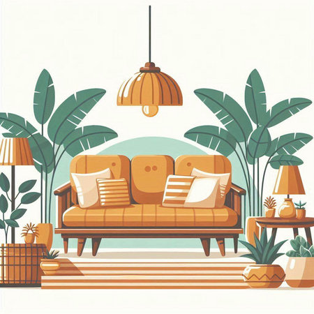 Living room interior with sofa, lamp and plants. Vector illustration.のイラスト素材