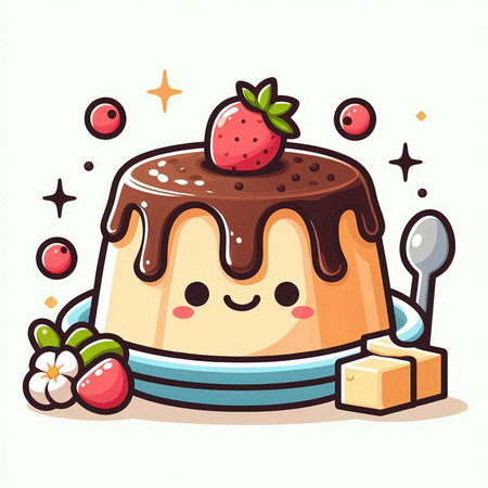 Cute vector illustration of a chocolate panna cotta with strawberriesのイラスト素材