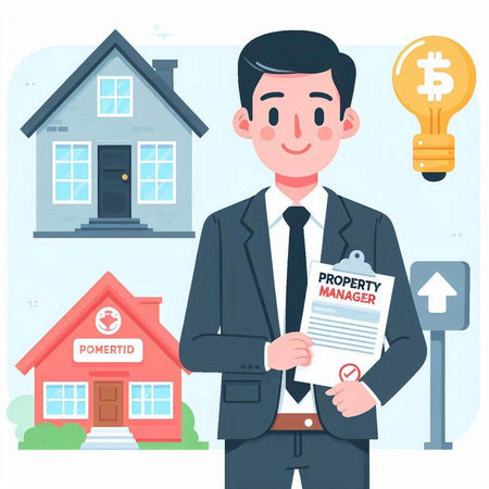 Real estate agent with house, key and contract. Vector illustration.のイラスト素材