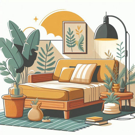 Illustration of a cozy bedroom interior with a bed and a lampのイラスト素材