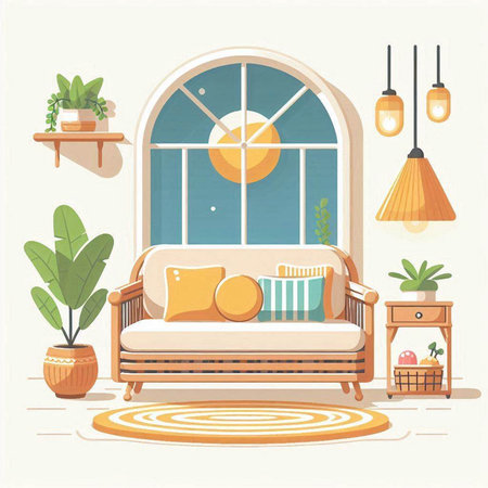 Living room interior with sofa, lamp and plants. Vector illustration.のイラスト素材