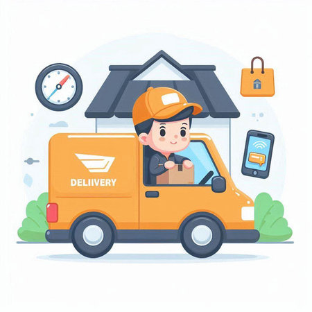 delivery man with parcel box and smart phone. vector illustration.のイラスト素材